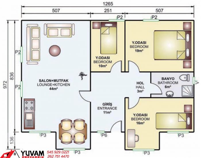 112m2 3+1 tek katlı prefabrik ev yerleşim planı