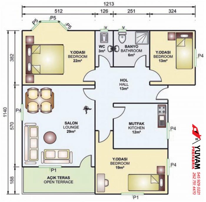 114m2 3+1 tek katlı prefabrik ev yerleşim planı