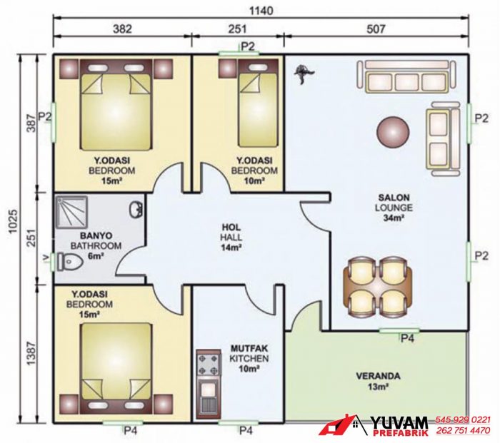 117m2 3+1 tek katlı prefabrik ev yerleşim planı