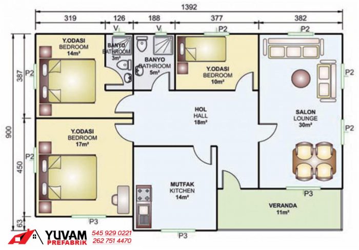 119m2 3+1 tek katlı prefabrik ev yerleşim planı