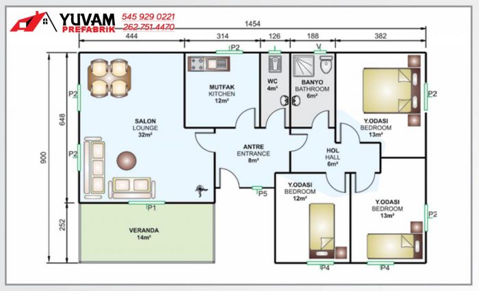 123m2 3+1 tek katlı prefabrik ev yerleşim planı