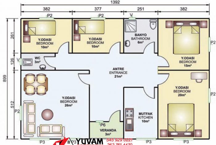 125m2 4+1 tek katlı prefabrik ev yerleşim planı