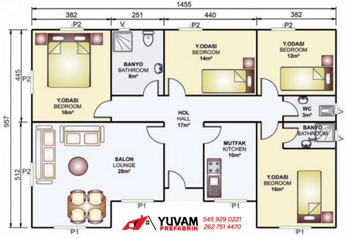 129m2 4+1 tek katlı prefabrik ev yerleşim planı