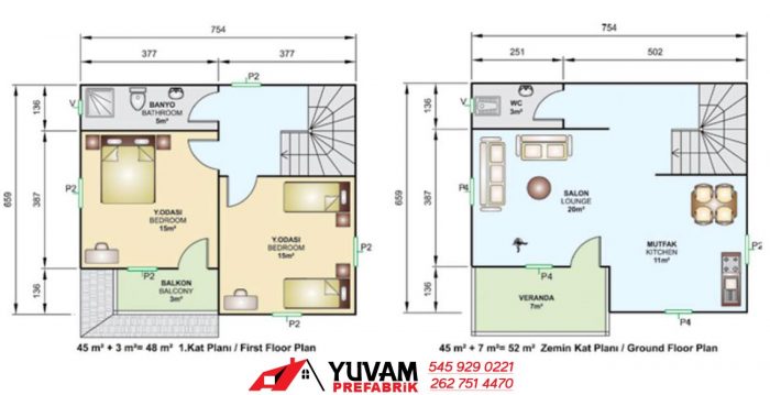 100m2 2+1 iki katlı prefabrik ev yerleşim planı