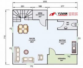 105m2 2+1 iki katlı prefabrik ev yerleşim planı alt kat