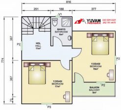 105m2 2+1 iki katlı prefabrik ev yerleşim planı üst kat