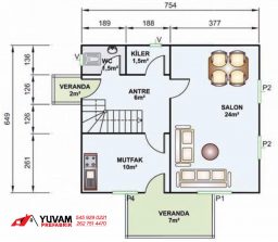 114m2 3+1 iki katlı prefabrik ev yerleşim planı alt kat