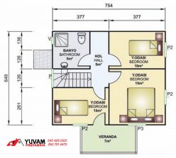 114m2 3+1 iki katlı prefabrik ev yerleşim planı üst kat