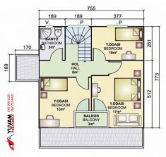 131m2 3+1 iki katlı prefabrik ev yerleşim planı üst kat