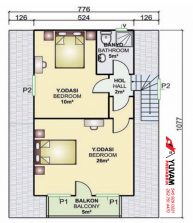 134m2 3+1 iki katlı prefabrik ev yerleşim planı üst kat