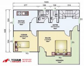 141m2 4+1 iki katlı prefabrik ev yerleşim planı alt kat