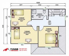 141m2 4+1 iki katlı prefabrik ev yerleşim planı üst kat