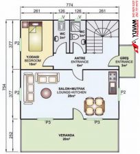 149m2 4+1 iki katlı prefabrik ev yerleşim planı alt kat