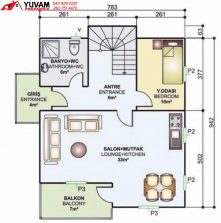 150m2 4+1 iki katlı prefabrik ev yerleşim planı alt kat