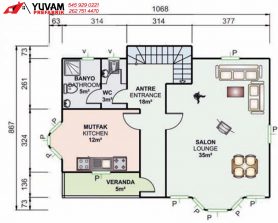 155m2 3+1 iki katlı prefabrik ev yerleşim planı alt kat