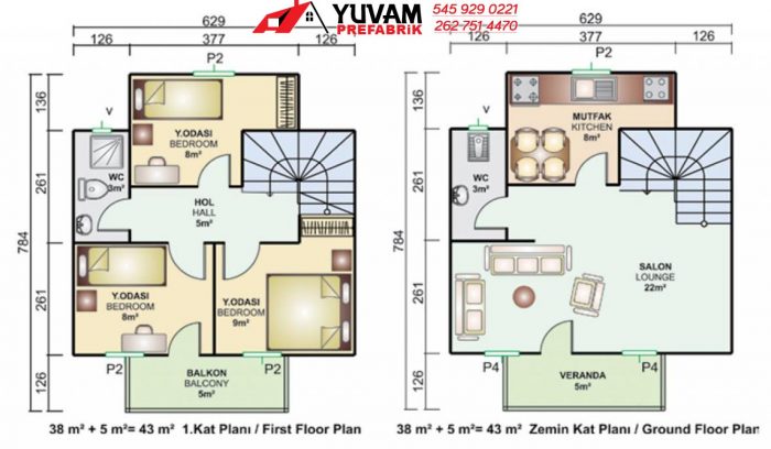 86m2 3+1 iki katlı prefabrik ev yerleşim planı